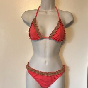 orange/pink bikini with tan lace